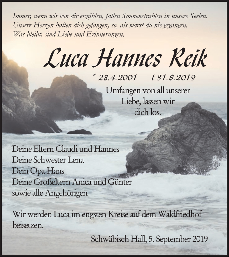  Traueranzeige für Luca Hannes Reik vom 05.09.2019 aus Haller Tagblatt