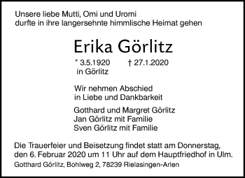 Traueranzeige von Erika Görlitz von SÜDWEST PRESSE Ausgabe Ulm/Neu-Ulm