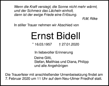 Traueranzeige von Ernst Bidell von SÜDWEST PRESSE Ausgabe Ulm/Neu-Ulm