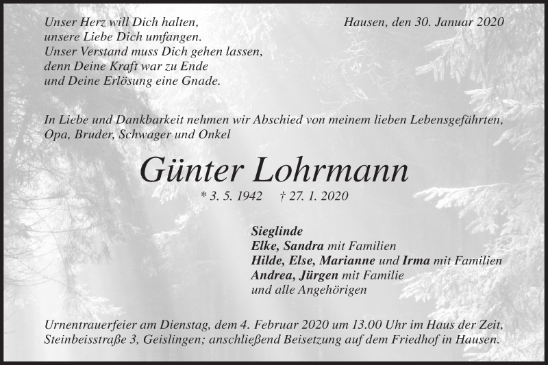  Traueranzeige für Günter Lohrmann vom 30.01.2020 aus Geislinger Zeitung