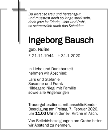 Traueranzeige von Ingeborg Bausch von SÜDWEST PRESSE Ausgabe Ulm/Neu-Ulm