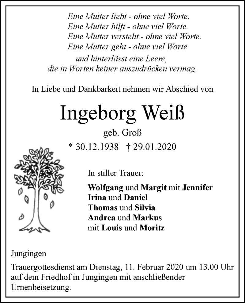  Traueranzeige für Ingeborg Weiß vom 06.02.2020 aus SÜDWEST PRESSE Ausgabe Ulm/Neu-Ulm