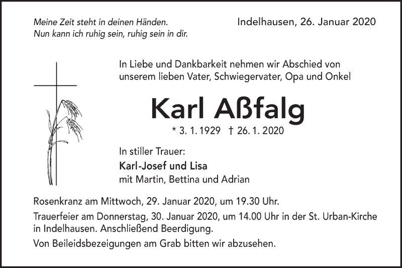  Traueranzeige für Karl Aßfalg vom 28.01.2020 aus Alb-Bote/Metzinger-Uracher Volksblatt