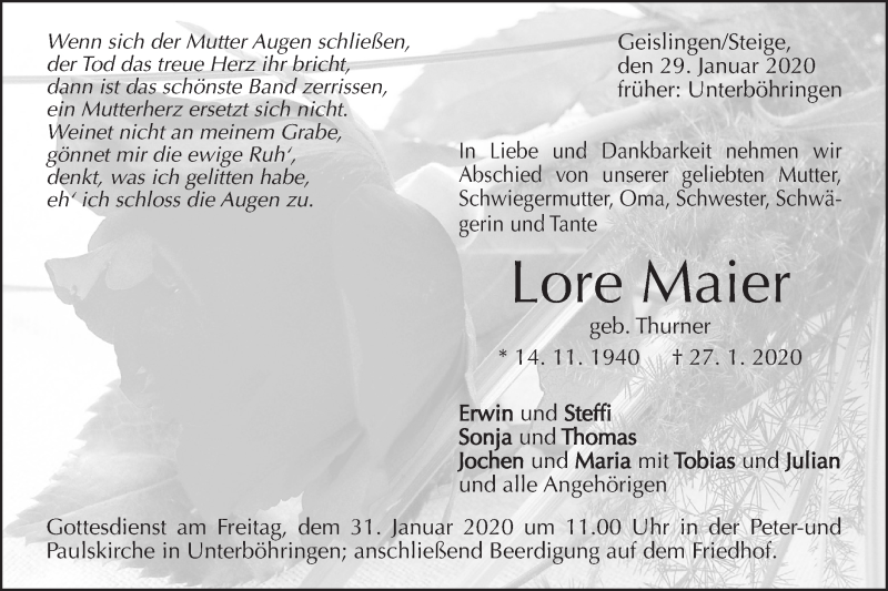  Traueranzeige für Lore Maier vom 29.01.2020 aus Geislinger Zeitung
