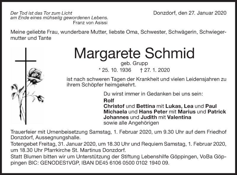  Traueranzeige für Margarete Schmid vom 30.01.2020 aus NWZ Neue Württembergische Zeitung/Geislinger Zeitung