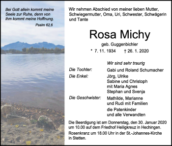 Traueranzeige von Rosa Michy von Hohenzollerische Zeitung