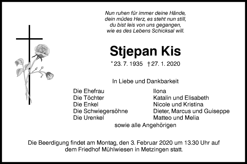  Traueranzeige für Stjepan Kis vom 30.01.2020 aus Metzinger-Uracher Volksblatt