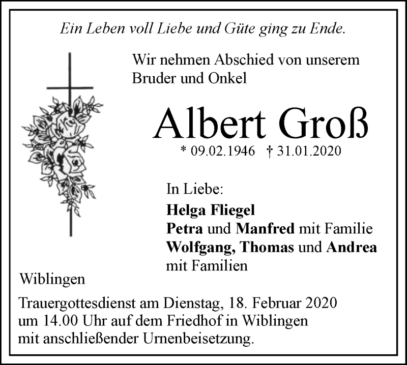  Traueranzeige für Albert Groß vom 13.02.2020 aus SÜDWEST PRESSE Ausgabe Ulm/Neu-Ulm