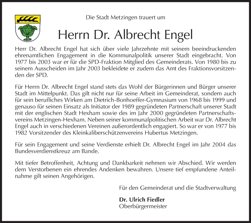  Traueranzeige für Albrecht Engel vom 15.02.2020 aus Metzinger-Uracher Volksblatt