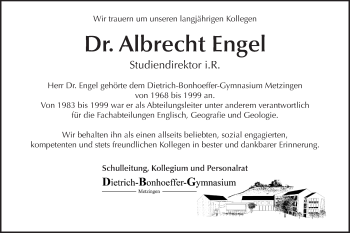 Traueranzeige von Albrecht Engel von Metzinger-Uracher Volksblatt