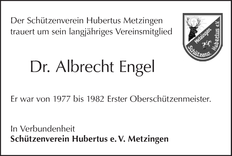  Traueranzeige für Albrecht Engel vom 20.02.2020 aus Metzinger-Uracher Volksblatt
