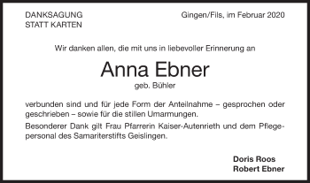 Traueranzeige von Anna Ebner von Geislinger Zeitung