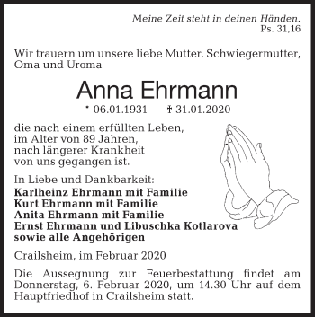 Traueranzeige von Anna Ehrmann von Hohenloher Tagblatt
