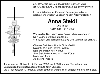 Traueranzeige von Anna Steidl von SÜDWEST PRESSE Ausgabe Ulm/Neu-Ulm