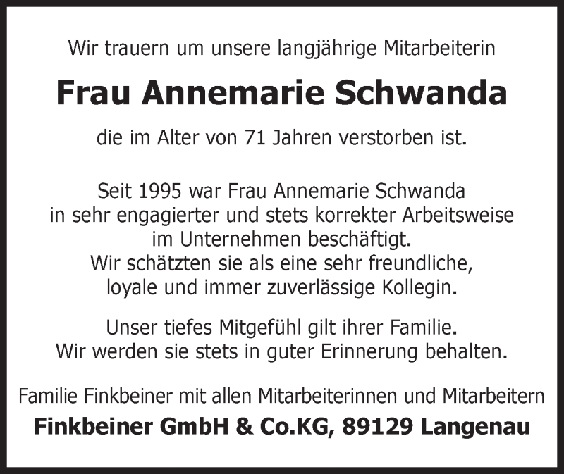  Traueranzeige für Annemarie Schwanda vom 17.02.2020 aus SÜDWEST PRESSE Ausgabe Ulm/Neu-Ulm
