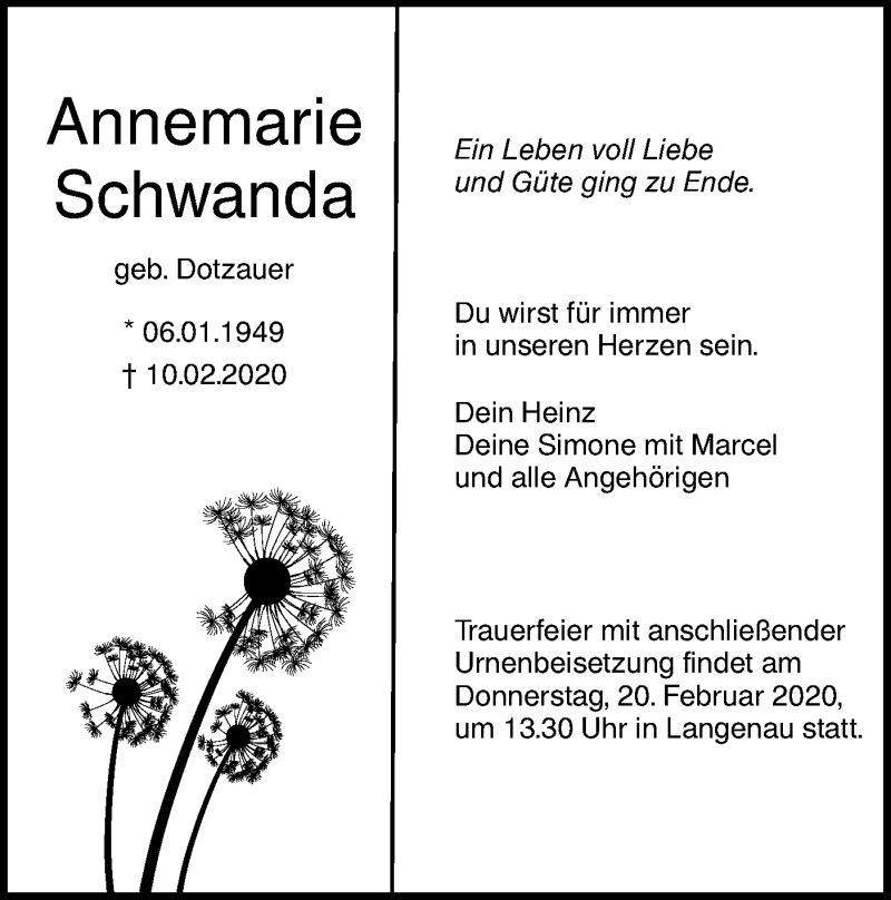  Traueranzeige für Annemarie Schwanda vom 17.02.2020 aus SÜDWEST PRESSE Ausgabe Ulm/Neu-Ulm