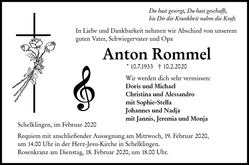  Traueranzeige für Anton Rommel vom 15.02.2020 aus Ehinger Tagblatt