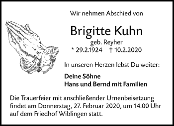 Traueranzeige von Brigitte Kuhn von SÜDWEST PRESSE Ausgabe Ulm/Neu-Ulm