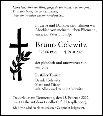 Traueranzeige von Bruno Celewitz von SÜDWEST PRESSE Ausgabe Ulm/Neu-Ulm