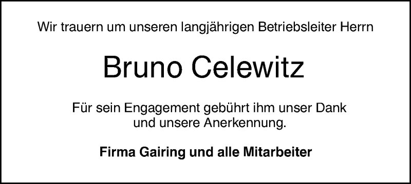  Traueranzeige für Bruno Celewitz vom 12.02.2020 aus SÜDWEST PRESSE Ausgabe Ulm/Neu-Ulm