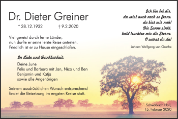 Traueranzeige von Dieter Greiner von Haller Tagblatt