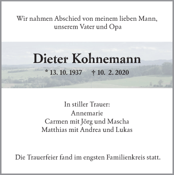 Traueranzeige von Dieter Kohnemann von NWZ Neue Württembergische Zeitung