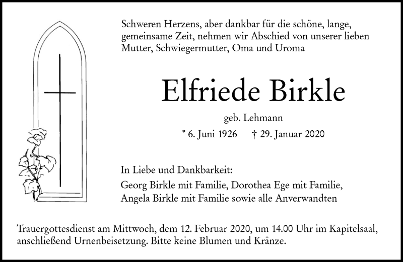 Traueranzeige für Elfriede Birkle vom 08.02.2020 aus Alb-Bote/Metzinger-Uracher Volksblatt