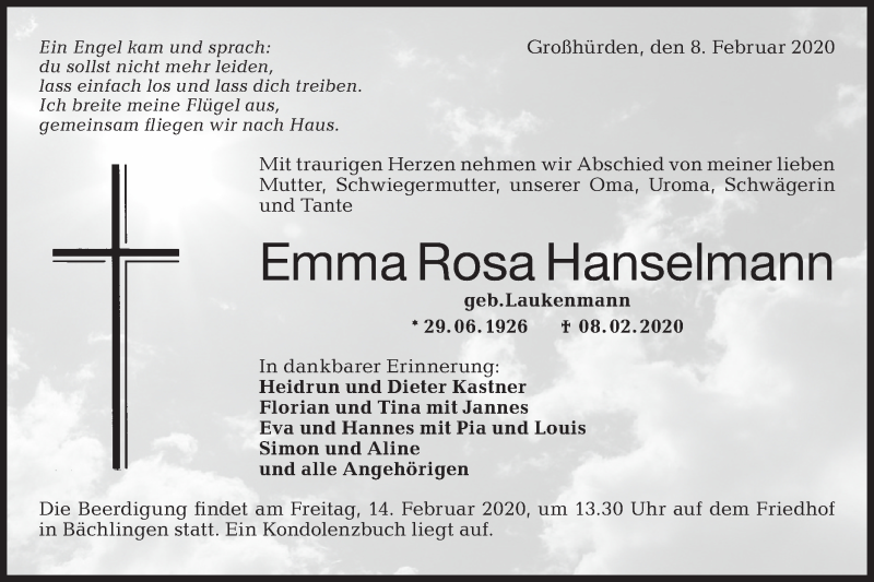  Traueranzeige für Emma Rosa Hanselmann vom 12.02.2020 aus Hohenloher Tagblatt