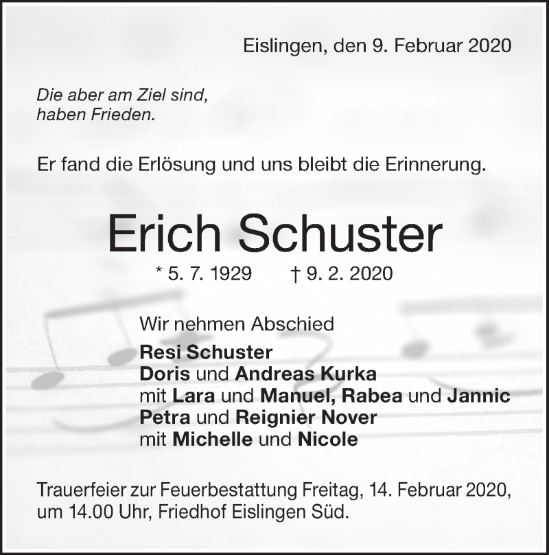  Traueranzeige für Erich Schuster vom 11.02.2020 aus NWZ Neue Württembergische Zeitung