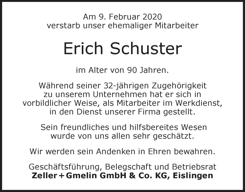 Traueranzeige für Erich Schuster vom 12.02.2020 aus NWZ Neue Württembergische Zeitung