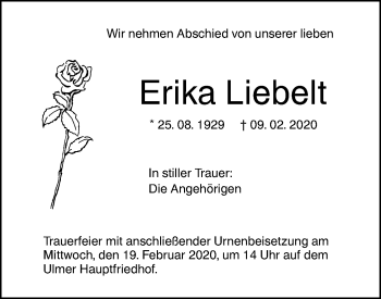 Traueranzeige von Erika Liebelt von SÜDWEST PRESSE Ausgabe Ulm/Neu-Ulm