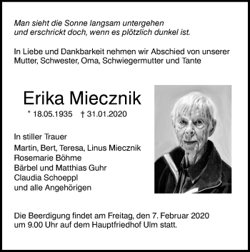Traueranzeige von Erika Miecznik von SÜDWEST PRESSE Ausgabe Ulm/Neu-Ulm