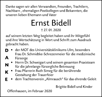Traueranzeige von Ernst Bidell von SÜDWEST PRESSE Ausgabe Ulm/Neu-Ulm