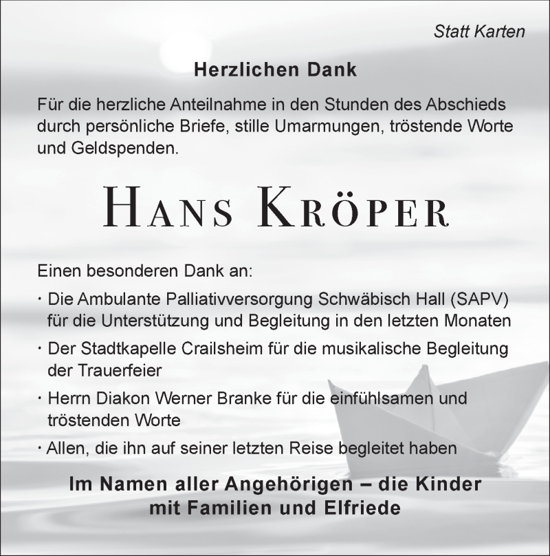  Traueranzeige für Hans Kröper vom 22.02.2020 aus Hohenloher Tagblatt
