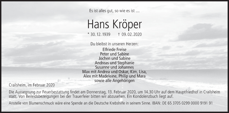  Traueranzeige für Hans Kröper vom 11.02.2020 aus Hohenloher Tagblatt