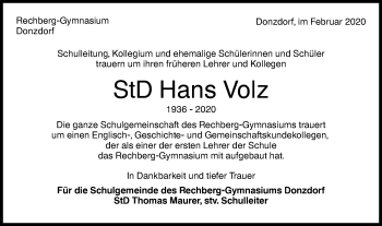 Traueranzeige von Hans Volz von NWZ Neue Württembergische Zeitung