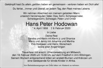 Traueranzeige von Hans Peter Hodowan von SÜDWEST PRESSE Ausgabe Ulm/Neu-Ulm