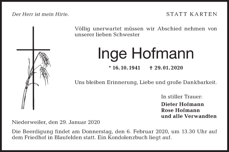  Traueranzeige für Inge Hofmann vom 04.02.2020 aus Hohenloher Tagblatt