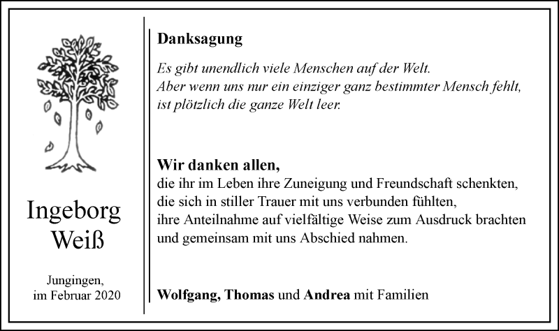  Traueranzeige für Ingeborg Weiß vom 29.02.2020 aus SÜDWEST PRESSE Ausgabe Ulm/Neu-Ulm