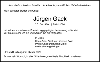 Traueranzeige von Jürgen Gack von SÜDWEST PRESSE Ausgabe Ulm/Neu-Ulm