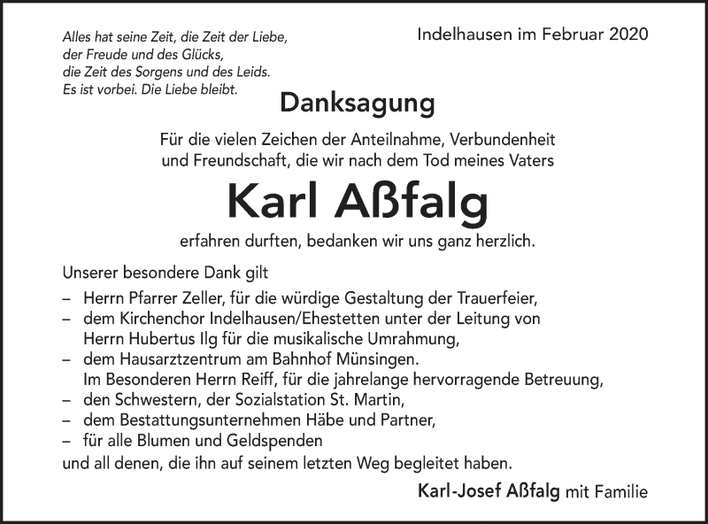  Traueranzeige für Karl Aßfalg vom 22.02.2020 aus Alb-Bote/Metzinger-Uracher Volksblatt