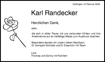 Traueranzeige von Karl Randecker von Metzinger-Uracher Volksblatt