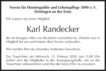Traueranzeige von Karl Randecker von Metzinger-Uracher Volksblatt