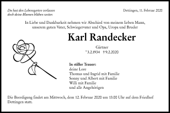 Traueranzeige von Karl Randecker von Metzinger-Uracher Volksblatt