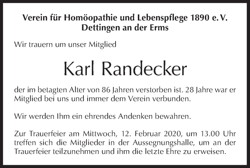  Traueranzeige für Karl Randecker vom 12.02.2020 aus Metzinger-Uracher Volksblatt