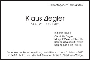 Traueranzeige von Klaus Ziegler von Geislinger Zeitung