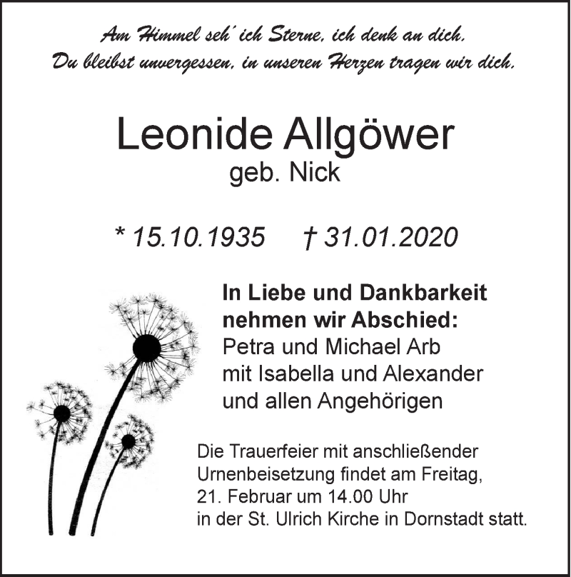  Traueranzeige für Leonide Allgöwer vom 08.02.2020 aus SÜDWEST PRESSE Ausgabe Ulm/Neu-Ulm