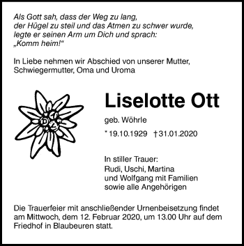 Traueranzeige von Liselotte Ott von SÜDWEST PRESSE