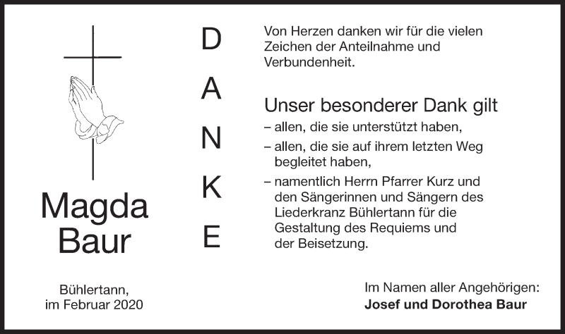  Traueranzeige für Magda Baur vom 18.02.2020 aus Haller Tagblatt