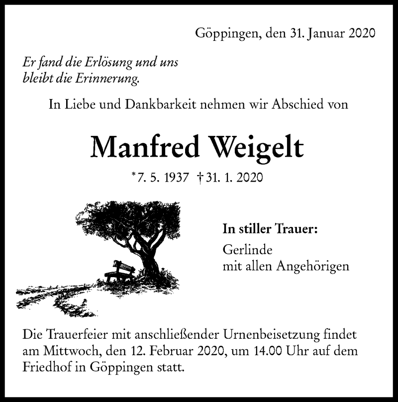 Traueranzeige für Manfred Weigelt vom 08.02.2020 aus NWZ Neue Württembergische Zeitung